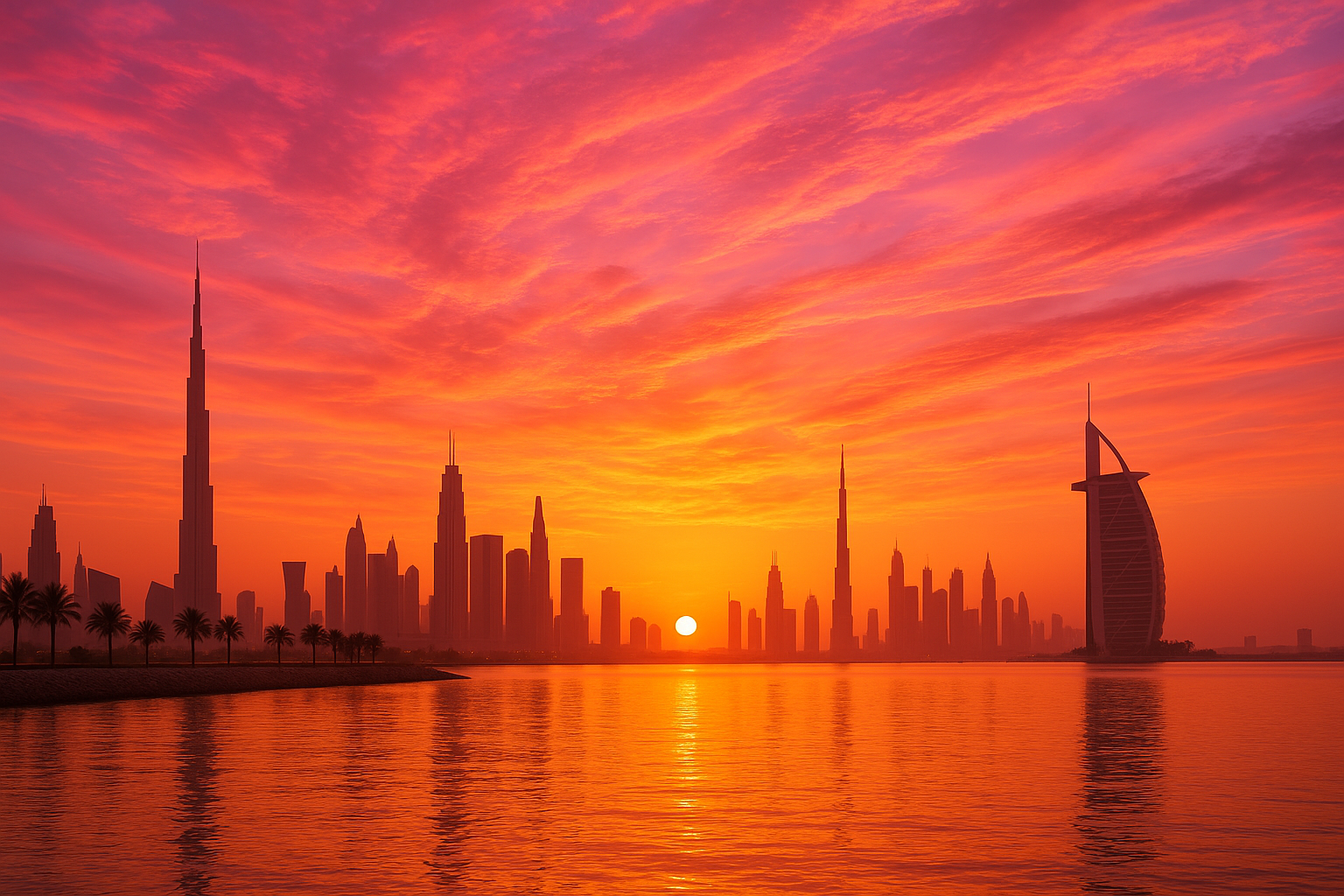 dubai sky line in golden pinky sunset